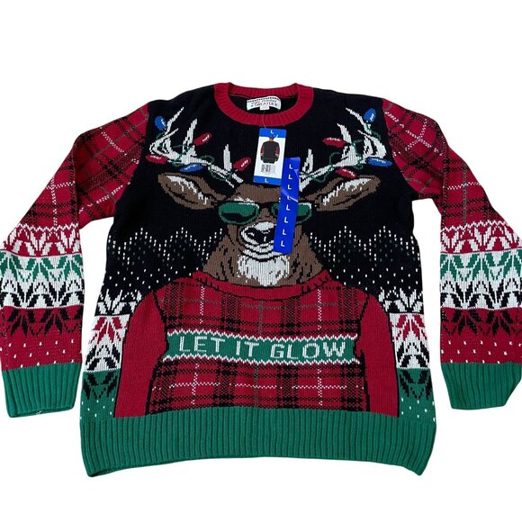 Ugly Holiday Sweater Reindeer Make it Glow Christmas Sweater Men's Large New - Picture 1 of 5